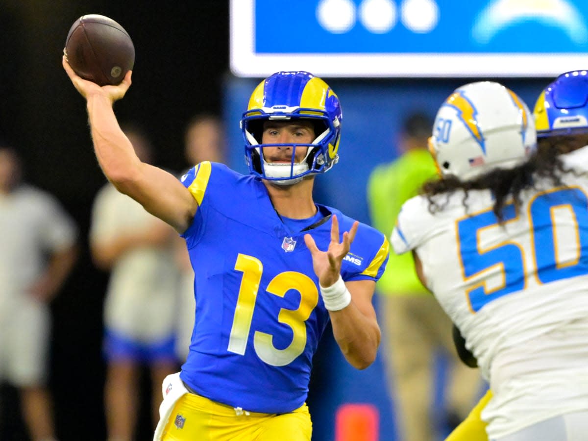 Rams QB Stetson Bennett throws a pass in a preseason game against the Los Angeles Chargers. Bennett has been placed on the non-football injury list.